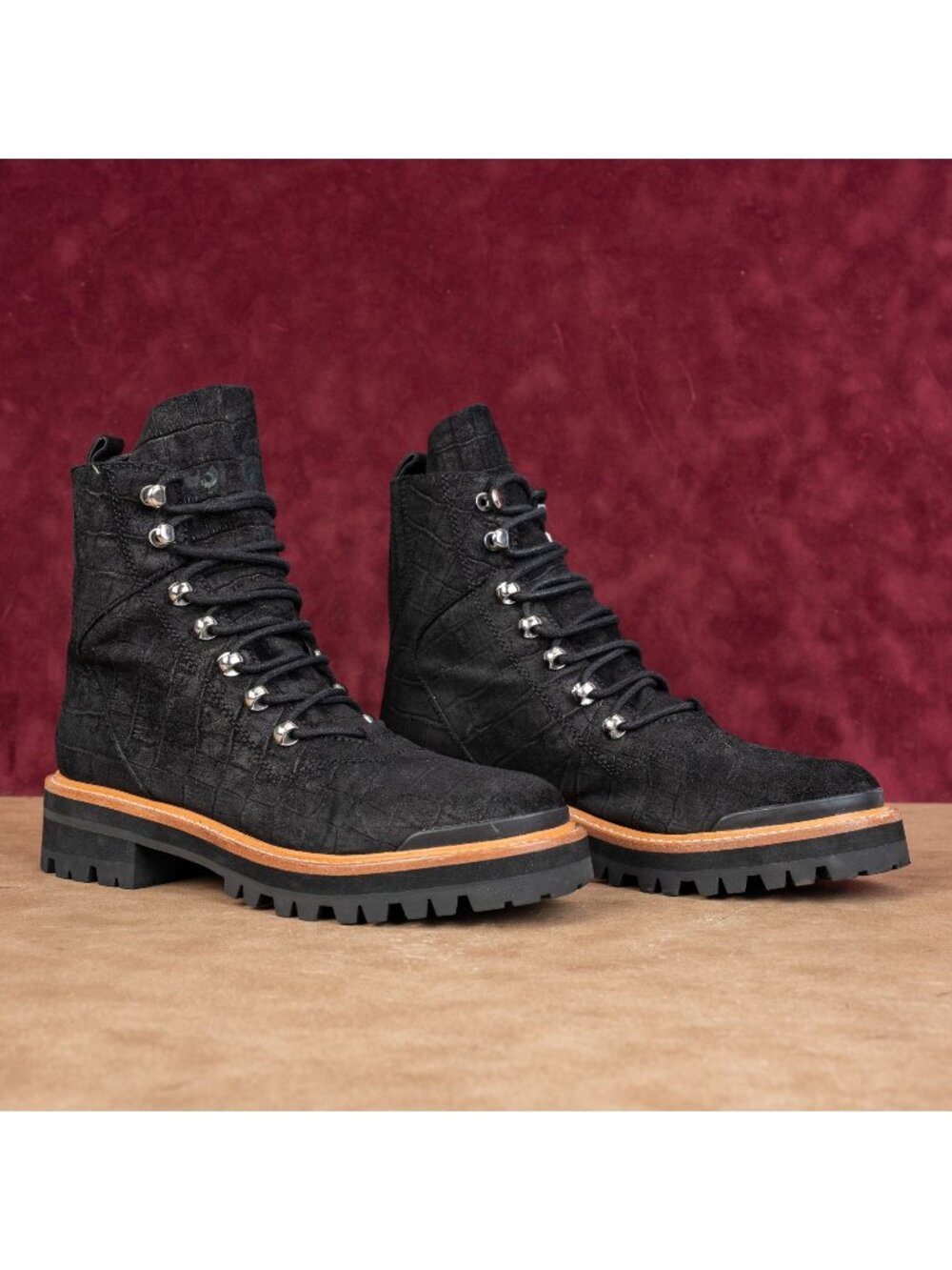 Marc Fisher Women Lizzie Black Leather Croc Festival Party Combat Boots sz 7.5